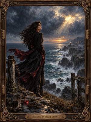 A solitary woman in a windblown black dress overlooks a storm-tossed sea from a crumbling cliff. Golden sunset light breaks through charcoal clouds, illuminating distant rocks and a lonely beacon. Crimson fabric, a broken chain, and a fallen petal deepen the longing. Rich oil-paint textures glow within an ornate bronze frame.
