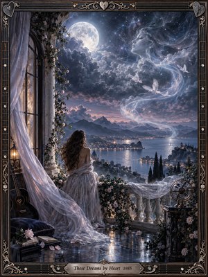 A solitary woman in a flowing silver gown gazes across a moonlit coastal city from a flower-covered balcony. Above her, a spectral face emerges from luminous clouds as white birds drift through the stars. Cool blues, lavender mist, warm distant lights, and an ornate guitar-inspired frame create a wistful, romantic digital dreamscape.
