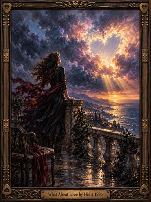 A windswept woman stands on a weathered stone terrace overlooking a glowing coastline beneath dramatic storm clouds. Golden sunlight pierces swirling violet and indigo skies, suggesting longing and hope. Rich oil-painted textures, crimson fabric, scattered roses, and distant city lights create romantic intensity, enclosed within an ornate bronze guitar-inspired frame.