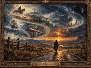 A lone traveler walks a glowing road through a vast Western landscape where storm clouds, sunset, stars, and drifting memories merge across time. Horseman, sailing ship, railway, city, and cosmic arcs form a sweeping S-curve. Rich earth tones, smoky blues, golden light, and textured oil brushwork create a mythic, haunting atmosphere.