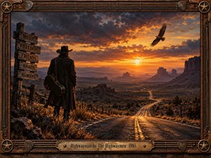 A lone cowboy carrying a guitar case surveys a winding desert highway at sunset, surrounded by rugged mesas and distant mountains. Fiery orange skies contrast with dark storm clouds, creating a timeless, reflective atmosphere. Rich cinematic realism, weathered wooden signs, a soaring hawk, and an ornate guitar-inspired frame evoke freedom and eternity.