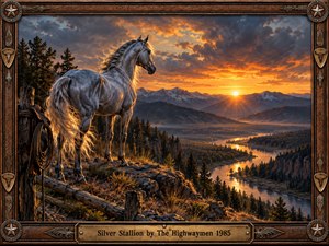 A majestic silver stallion stands on a rugged mountain overlook above a winding river at sunset. Golden light illuminates its flowing mane against dramatic orange and violet clouds, distant peaks, and dark pine forests. Richly detailed oil painting captures freedom and solitude, surrounded by an ornate western frame and engraved brass titleplate.