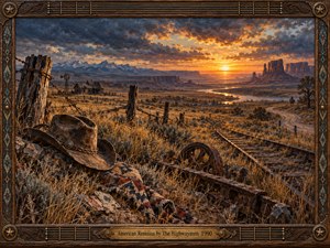 A weathered cowboy hat and forgotten relics rest among golden prairie grasses as rusted railway tracks wind toward a fiery sunset. Distant mesas, mountains, and an abandoned farmhouse evoke resilience and fading history. Rich amber and slate blue oil painting textures glow within an ornate carved wooden frame with bronze accents.