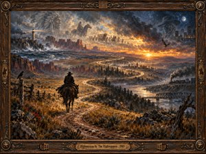 A solitary horseman follows a winding trail through rugged golden plains toward a fiery sunset. Ghostly riders and faces hover above distant mesas, while crashing waves, a lighthouse, and a steam train evoke passing eras. Rich oil brushwork, stormy blue clouds, and an ornate wooden frame create a haunting, timeless atmosphere.