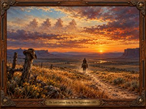A richly textured oil painting depicts a lone cowboy riding toward a blazing desert sunset. Four ghostly riders emerge from dramatic clouds above distant mesas. Golden grasses, a weathered fence, and an abandoned hat evoke fading traditions. Warm amber light illuminates the nostalgic landscape, enclosed within an ornate carved wooden frame.