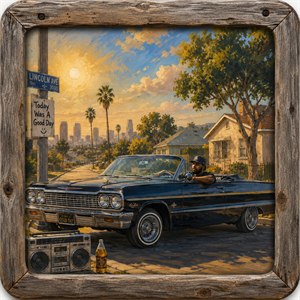 A golden Los Angeles afternoon unfolds beneath swaying palms and glowing skies. A relaxed driver cruises a polished classic lowrider through a peaceful neighborhood, while a vintage boombox and weathered timber frame deepen the nostalgic mood. Warm, confident, and unhurried, the scene celebrates friendship, freedom, music, and one unforgettable day.
