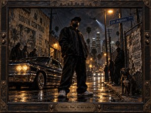 A lone figure stands defiantly on a rain-slicked Los Angeles street beside a gleaming lowrider, surrounded by shadowed onlookers, chain-link fences, murals, and distant towers. Deep blacks, bronze, and amber dominate, with streetlights reflecting across wet pavement. The gritty, handcrafted realism evokes tension, pride, survival, and uncompromising urban strength.