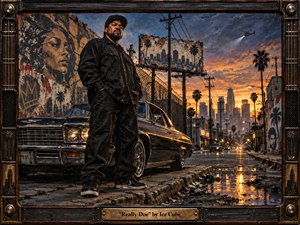 A defiant figure stands beside a gleaming black lowrider on a weathered Los Angeles street at sunset, framed by murals, chain-link fencing, palms, and distant towers. Warm orange light reflects in puddles beneath a brooding blue-gray sky, creating a tense, cinematic mood with gritty, richly textured, handcrafted realism.