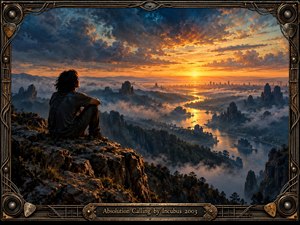 A solitary figure sits on a rocky cliff overlooking misty mountains, a winding golden river, and a distant city at sunset. Dramatic blue clouds contrast with fiery orange light, creating a contemplative, hopeful atmosphere. Rich painterly detail and an ornate bronze musical frame surround the sweeping landscape.