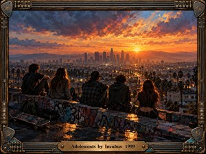 Five young figures sit on a graffiti-covered rooftop overlooking a sprawling city at sunset. Fiery orange clouds contrast with deep blue shadows, creating a reflective, restless atmosphere. Expressive painterly textures, glowing streets, a skateboard, and distant mountains evoke youthful uncertainty. An ornate guitar-inspired metal frame completes the composition.