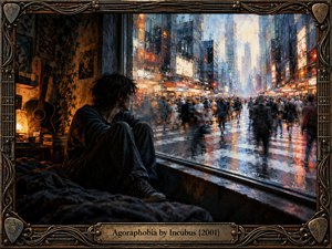 A solitary young man sits curled beside a window, watching blurred crowds fill a rain-soaked city street. Warm amber interior light contrasts with cool blue urban reflections, creating an atmosphere of isolation and anxiety. Expressive painterly textures and an ornate guitar-inspired metal frame surround the dramatic scene.
