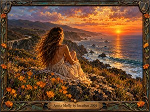 A young woman in a flowing cream dress overlooks a rugged coastline at sunset, surrounded by golden poppies and purple wildflowers. Rich oil painting textures capture glowing orange skies, distant mountains, and shimmering ocean waves. An ornate turquoise bronze frame with floral details and guitar motifs enhances the nostalgic, contemplative atmosphere.