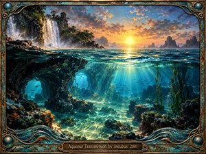 A luminous tropical seascape reveals a golden sunset above turquoise waters and a mysterious underwater world below. Cascading waterfalls, distant islands, submerged caverns, and drifting fish create a tranquil, dreamlike atmosphere. Radiant sunbeams illuminate intricate rock formations, while an ornate, weathered bronze frame completes the richly detailed cinematic composition.