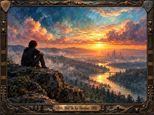 A solitary young man sits on a rocky overlook above a misty river valley and distant city skyline. Brilliant golden sunlight illuminates sweeping orange, pink, and turquoise clouds, creating a contemplative atmosphere. Expressive painterly textures enrich the landscape, while an ornate bronze guitar-inspired frame and engraved title plate complete the composition.