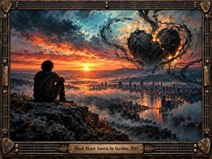 A solitary figure overlooks a misty city at sunset beneath a turbulent sky. A massive fractured black heart swirls above the skyline, glowing with fiery orange cracks. Deep blues, crimson clouds, and golden reflections create dramatic tension. Expressive painterly textures and an ornate metallic guitar-inspired frame reinforce the melancholic atmosphere.