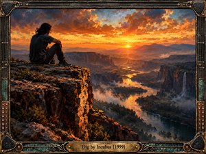 A solitary figure sits on a rocky cliff overlooking a vast canyon and winding river beneath a fiery sunset. Golden orange light illuminates rugged cliffs, distant mountains, and drifting mist, creating a reflective, hopeful atmosphere. Expressive oil painting textures complement an ornate metallic frame with guitar strings and engraved brass.