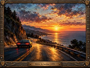 A dark classic car follows a winding coastal highway beneath a fiery sunset. Golden reflections illuminate wet pavement, rugged cliffs, and a tranquil ocean. Expressive oil brushwork blends orange, crimson, and deep blue, creating an atmosphere of freedom and introspection. An ornate bronze guitar-inspired frame surrounds the cinematic landscape.