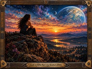 A solitary woman sits on a rocky cliff overlooking a luminous valley at sunset, beneath a vast planet and swirling cosmic nebulae. Fiery orange skies contrast with deep blues and purples, creating a contemplative, otherworldly atmosphere. Expressive painterly textures and an ornate guitar-inspired metallic frame complete the dreamlike composition.