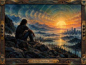 A solitary figure sits on a rocky overlook, contemplating a glowing sunset above misty mountains, winding waterways, and a distant city. Golden light contrasts with deep blue shadows as translucent circular echoes ripple across the sky. Rich painterly textures and an ornate guitar-inspired bronze frame create a reflective, atmospheric composition.