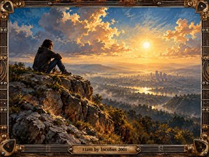A solitary figure sits on a rugged cliff overlooking a misty city beneath a brilliant golden sun. Dramatic blue and amber clouds fill the expansive sky, creating a contemplative atmosphere. Rich oil-painted textures capture the rocky landscape, while an ornate bronze frame with guitar strings surrounds the scene.