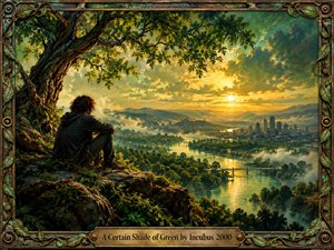 A solitary figure rests beneath a sprawling tree overlooking a misty green valley, winding river, bridges, and distant city skyline. Golden sunset light illuminates dramatic clouds, creating a contemplative atmosphere. Rich painterly textures, deep emerald foliage, and an ornate weathered metal frame with engraved brass title plate complete the composition.