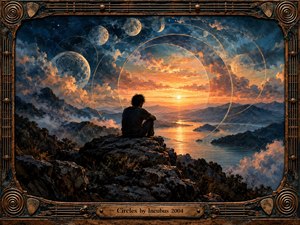 A solitary figure overlooks a winding river and misty mountains beneath a fiery orange sunset. Celestial spheres and luminous circular arcs fill the dramatic blue sky, suggesting endless cycles and reflection. Rich painterly textures create a contemplative atmosphere, enclosed by an ornate bronze frame featuring guitar strings and an engraved title plate.