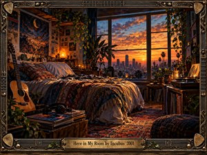 A richly detailed bohemian bedroom glows beneath a fiery orange sunset overlooking a distant city skyline. Rumpled bedding, an acoustic guitar, vinyl records, and lush plants create an intimate, nostalgic atmosphere. Warm amber lighting contrasts with deep blue shadows, while an ornate bronze guitar-inspired frame surrounds the cinematic, painterly composition.