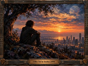 A solitary young man sits beneath a sprawling tree, overlooking a glowing city at sunset. Rich orange and violet skies illuminate distant water and silhouetted buildings, creating a wistful atmosphere. Expressive oil brushwork adds warmth and texture, while an ornate guitar-inspired bronze frame and engraved title plate complete the nostalgic composition.