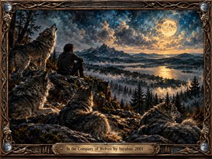 A solitary figure sits among watchful wolves on a rocky overlook above misty forests, distant mountains, and a moonlit lake. Golden moonlight illuminates dramatic blue clouds, creating a mysterious, contemplative atmosphere. Rich painterly textures and intricate bronze framing with wolf carvings enhance the scenes haunting beauty.