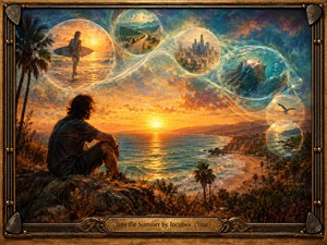 A contemplative figure overlooks a glowing coastal sunset, surrounded by translucent memory bubbles depicting surfing, winding roads, cityscapes, and ocean dreams. Golden orange light blends with deep teal and blue across textured painterly brushstrokes. An ornate guitar-inspired metallic frame and engraved brass title plate complete the nostalgic, atmospheric composition.