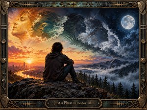 A solitary figure overlooks a surreal landscape shifting from golden sunset to moonlit mountains. Ethereal faces dissolve across turbulent clouds, symbolizing change and reflection. Rich amber, teal, and midnight blue tones create a contemplative atmosphere. Expressive painterly textures and an ornate guitar-inspired metallic frame complete the evocative composition.