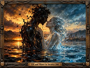 A dramatic oil painting portrays two figures formed from black oil and shimmering water, nearly kissing amid swirling waves. Fiery orange sunset light contrasts with cool blue skies above distant mountains and a city skyline. An ornate guitar-inspired metallic frame surrounds the passionate scene, emphasizing attraction, tension, and opposing forces.