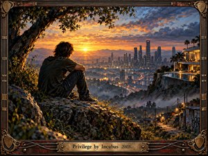 A solitary young man sits beneath a sprawling tree, overlooking a glowing city at sunset. Luxurious hillside architecture contrasts with weathered homes below, suggesting social inequality. Golden light, blue-gray mist, and rugged terrain create a contemplative atmosphere. Detailed painterly textures fill the landscape, enclosed by an ornate metallic guitar-inspired frame.
