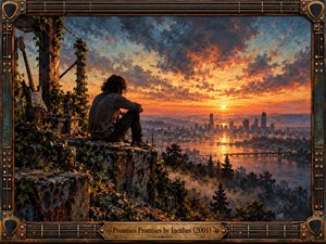 A solitary figure sits on an ivy-covered stone ledge overlooking a distant city at sunset. Fiery orange and gold clouds contrast with cool blue shadows, creating a reflective, bittersweet atmosphere. Expressive oil brushwork enriches the dramatic landscape, while an ornate guitar-inspired metal frame surrounds the scene with engraved brass details.