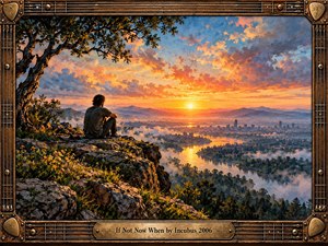 A solitary figure sits beneath a windswept tree overlooking a misty valley, winding river, and distant city at sunrise. Golden light illuminates rugged cliffs and wildflowers beneath dramatic orange and violet clouds. Rich oil painting textures create a contemplative atmosphere, enclosed within an ornate bronze guitar-inspired frame with engraved titleplate.