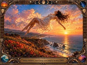 A floating woman in a flowing white dress drifts above a flower-covered coastal cliff at sunset. Fiery orange clouds illuminate the ocean and rugged shoreline, creating a dreamy, romantic atmosphere. Rich painterly textures and golden light complement an ornate guitar-inspired frame with celestial ornaments and an engraved brass title plate.