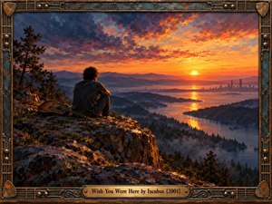 A solitary figure sits beside an acoustic guitar on a rugged cliff, overlooking misty forests, winding waterways, and a distant city at sunset. Fiery orange and violet clouds illuminate the contemplative landscape. Rich painterly textures evoke longing and peaceful reflection, while an ornate, weathered guitar-inspired metal frame completes the composition.