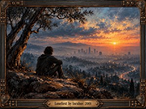 A solitary figure sits beneath a weathered tree overlooking a misty city at sunset. Fiery orange and golden skies contrast with cool blue shadows, creating a contemplative atmosphere of isolation and longing. Expressive oil painting textures enrich the landscape, enclosed within an ornate bronze guitar-string frame with an engraved title plate.