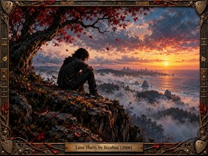 A solitary figure sits beneath a crimson autumn tree, overlooking a misty coastline and distant city at sunset. Golden light breaks through dramatic purple clouds, illuminating rugged cliffs and restless waters. This detailed traditional painting evokes heartbreak, reflection, and fragile hope, enclosed within an ornate guitar-inspired bronze frame.