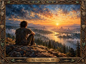 A solitary figure sits on a rocky overlook, contemplating a misty valley, winding river, and distant city beneath a brilliant golden sunset. Expressive oil brushwork blends fiery orange, deep blue, and earthy tones, creating a reflective, hopeful atmosphere. An ornate guitar-inspired metal frame surrounds the scene with an engraved brass title plate.