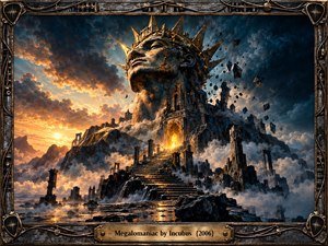 A colossal crowned stone figure towers over a ruined fortress beneath turbulent storm clouds. Golden sunset light illuminates ancient stairways, drifting mist, and a fiery entrance. Deep blues contrast with glowing amber tones, creating an ominous atmosphere. Intricate digital painting and an industrial metal frame emphasize power, arrogance, and decay.