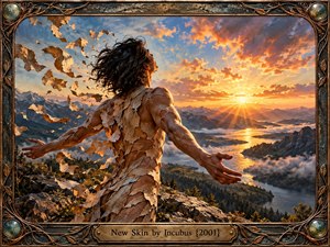 A lone figure sheds weathered layers of skin atop a rocky mountain overlook, embracing transformation beneath a brilliant golden sunset. Sweeping rivers, misty forests, and distant peaks create a majestic landscape. Warm orange light contrasts with cool blue mountains, while an ornate metallic frame and engraved title plate complete the dramatic artwork.