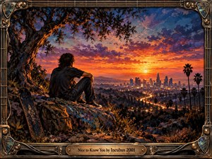 A solitary young man overlooks a glowing city at sunset, surrounded by rugged rocks, a weathered tree, and a skateboard. Fiery orange, violet, and indigo skies create a reflective, hopeful atmosphere. Expressive painterly textures illuminate the winding highway, while an ornate metallic guitar-inspired frame completes the nostalgic composition.