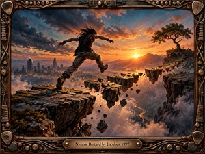 A daring figure leaps between floating rocky platforms above a misty canyon, silhouetted against a fiery orange sunset. A distant city, rugged mountains, and windswept tree frame the dramatic journey. Rich blues and golden light create cinematic tension, while an ornate bronze frame with guitar-inspired details reinforces the rebellious energy.
