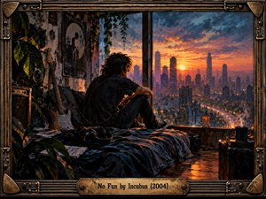 A solitary figure sits on a rumpled bed overlooking a glowing city skyline at sunset. Rich orange and violet skies contrast with shadowy blue interiors, scattered music equipment, and weathered walls. Expressive painterly textures evoke introspection and restless melancholy, while an ornate metallic guitar-inspired frame completes the cinematic composition.