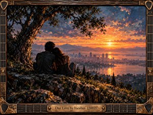 A couple sits beneath a sprawling tree overlooking a shimmering coastal city at sunset. Fiery orange and pink clouds illuminate distant mountains and tranquil waters, contrasting with cool blue shadows. Rich oil painting textures create romantic warmth, while an ornate guitar-inspired bronze frame and engraved title plate evoke enduring musical devotion.