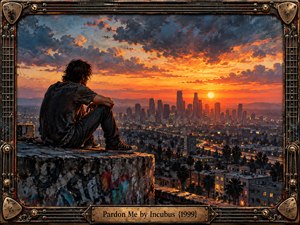 A solitary young man sits on a weathered rooftop overlooking a sprawling city beneath a fiery orange sunset. Dramatic blue-gray clouds contrast with glowing skyscrapers and winding highways, creating a contemplative atmosphere. Expressive painterly textures and rich lighting complement an ornate metallic frame featuring guitar strings and engraved details.