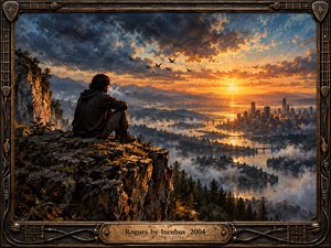 A solitary figure sits on a rocky cliff overlooking a misty river valley and distant city beneath a fiery sunset. Dramatic blue clouds contrast with glowing amber light, creating a contemplative, rebellious atmosphere. Expressive oil painting textures enrich the landscape, enclosed by an ornate metallic frame with musical details.