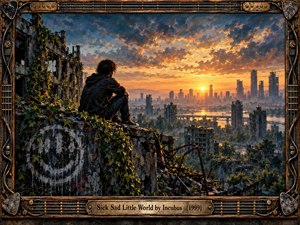 A solitary figure overlooks a ruined, overgrown city beneath a fiery golden sunset. Crumbling buildings, tangled vines, and distant bridges create a haunting atmosphere of isolation and fragile hope. Rich blue-gray shadows contrast with warm orange light in this detailed painting, enclosed by a weathered, guitar-inspired metallic frame.
