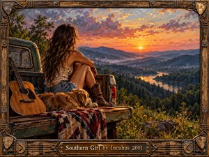 A young woman and her golden dog rest on a weathered pickup overlooking a winding river and misty mountains at sunset. Warm orange and violet skies illuminate the peaceful countryside. An acoustic guitar, patterned blanket, and wildflowers enrich the nostalgic oil painting, enclosed within an ornate wooden guitar-themed frame.